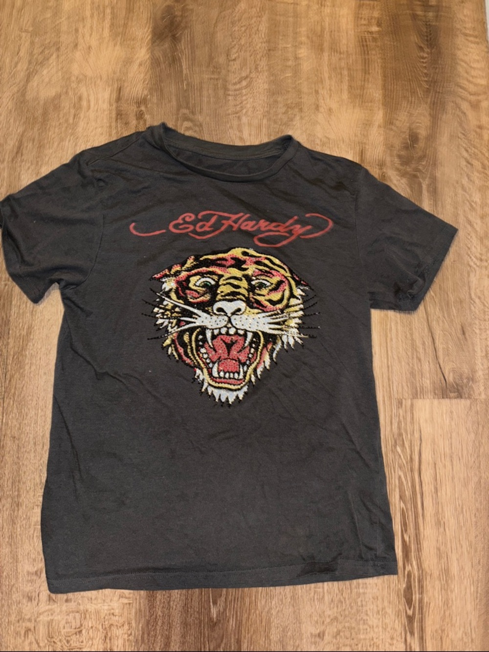 Dark Gray Ed Hardy Tee with Bedazzled Tiger